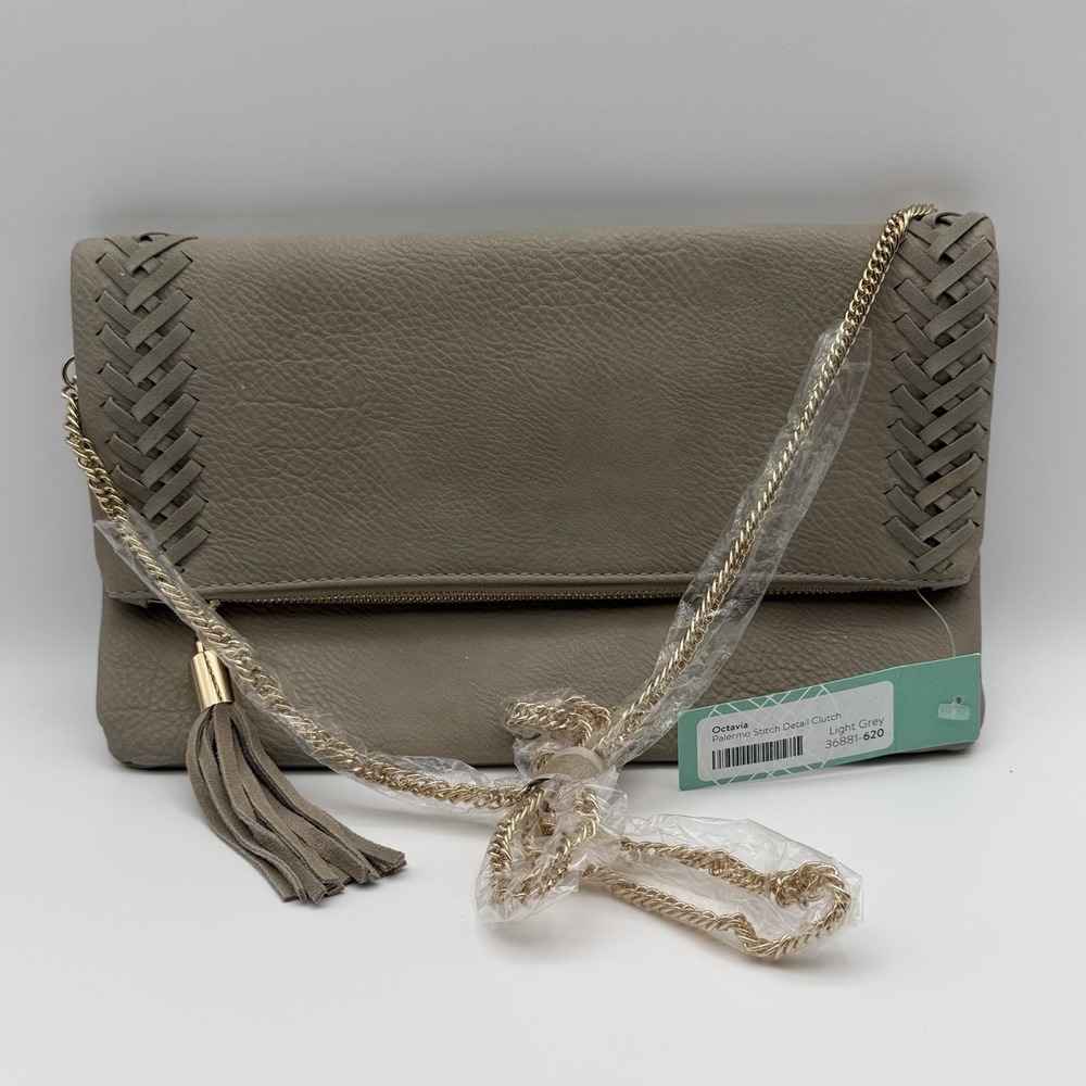 Octavia Palermo Stitch Detail Clutch Crossbody Light Grey Gold Tassel NWT